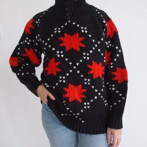Vintage Busani Knit Sweater Black Red Maple Leaf Cabincore Retro Ski L